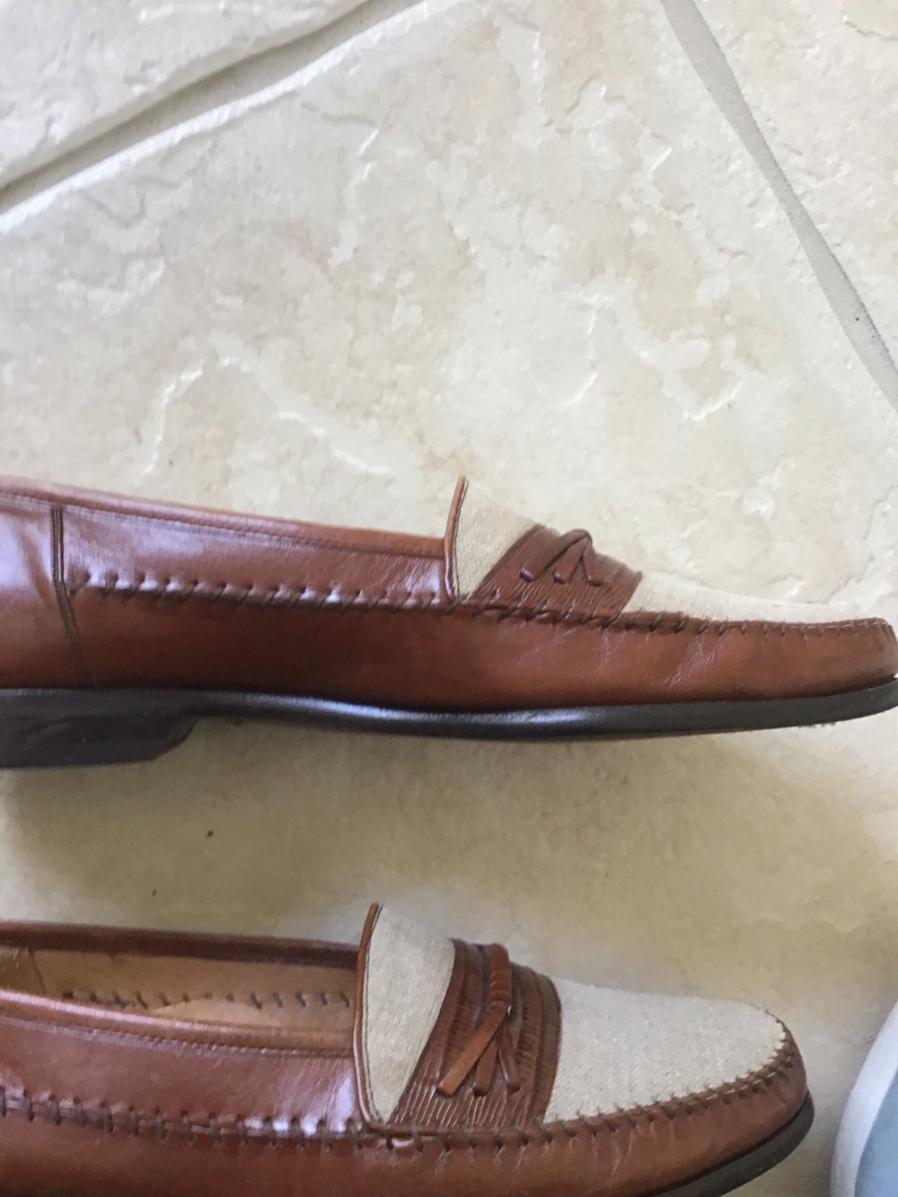 Mezlan Brown Leather and Beige Linen Penny Loafers - Picture 3 of 8